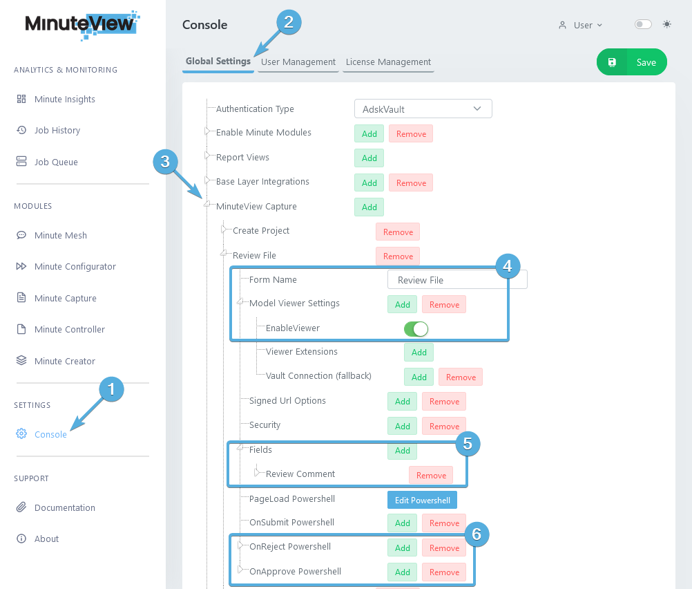 MinuteView Console Global Settings Capture