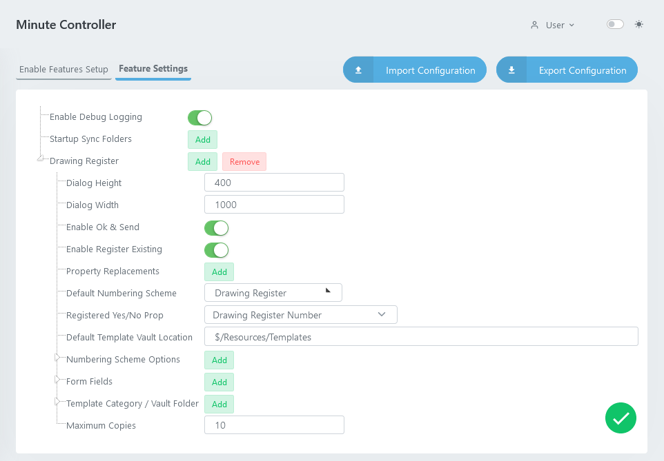 Feature Settings Drawing Register