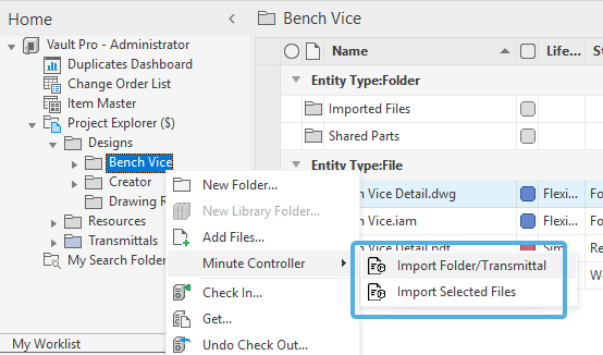 Import Folder, Transmittal and Selected Files.