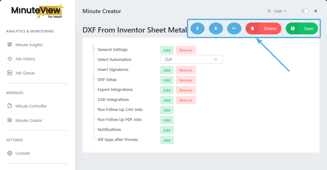 Minute Creator Job Settings Top Menu Bar