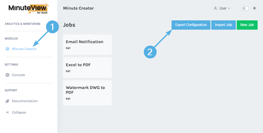 Minute Creator Export VCET Configuration