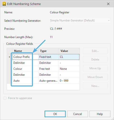 New Numbering Scheme Field Name