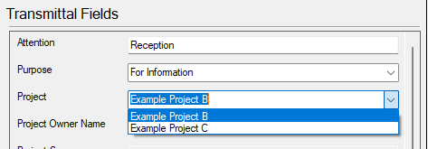 Transmittal Field Active Project Selection