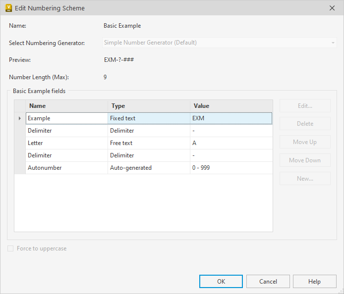 Basic Example Numbering Scheme Settings